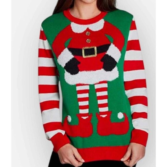 Santa Elf Christmas Sweater Green Red Striped Sleeves Fun Design XL - Picture 1 of 10